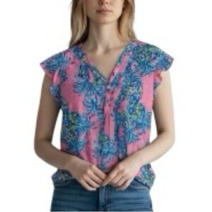 Lilly Pulitzer Golda Pink & Blue Cotton Pintucked Blouse Top S Pineapple print